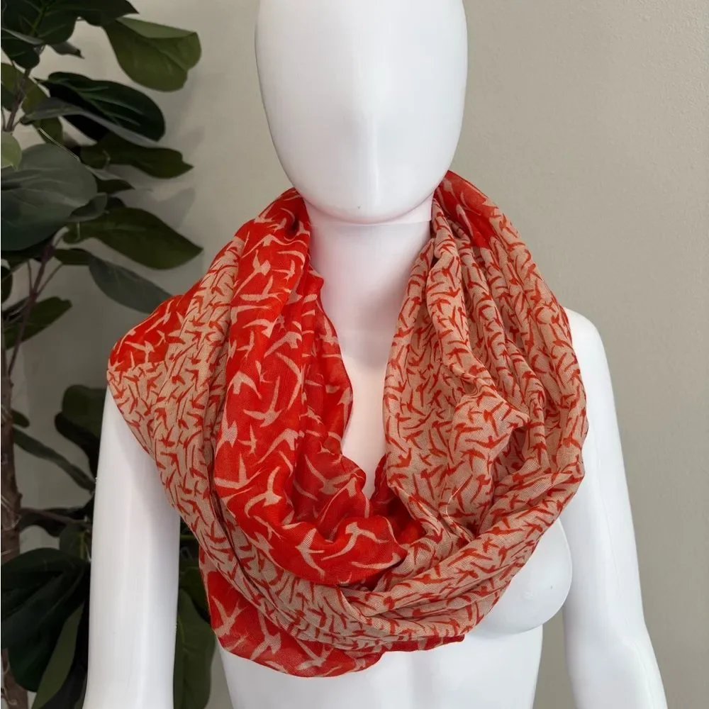 All Over Flying Bird Print Eternity Scarf Dark Orange & Ecru Lightweight Gauze